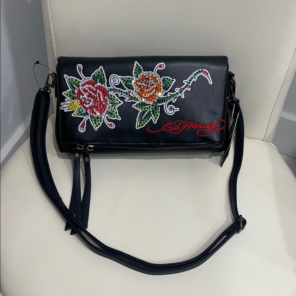 SALE! Ed Hardy Black/Red/Green Sparkly Floral Tatoo Art Clutch/ Crossbody Bag